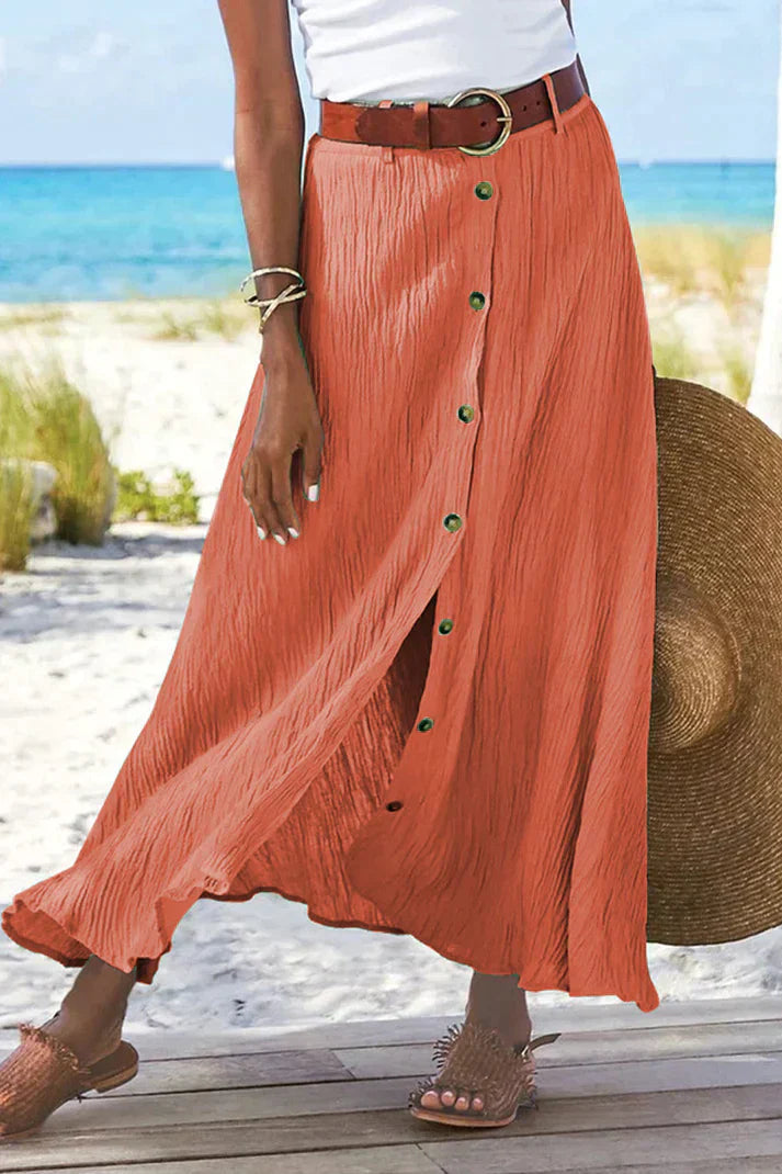 Divifa Coral Button Front Maxi Skirt High Waist Linen Look