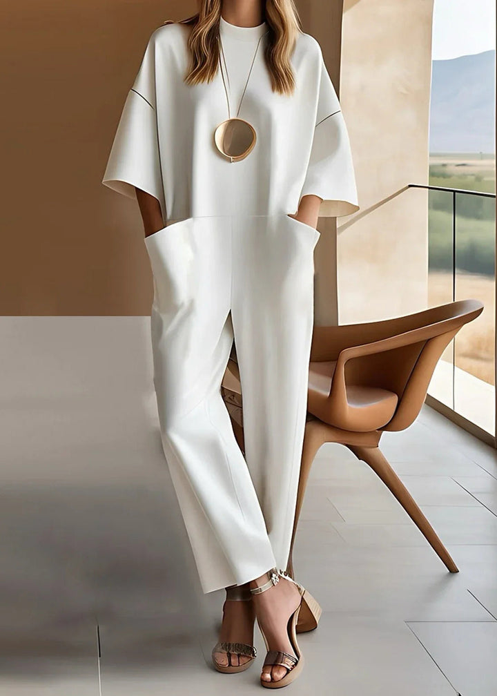 Divifa Aria Short Sleeve Wide Leg Jumpsuit Crew Neck