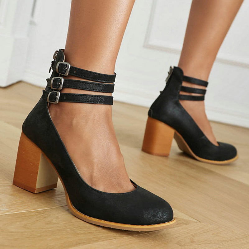 Divifa Casilda Smooth Sandals with Ankle Strap and Thick Heel
