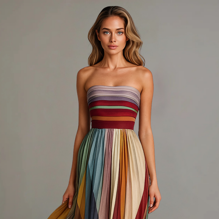 Divifa Judith Strapless Colorful Pleated Summer Maxi Dress
