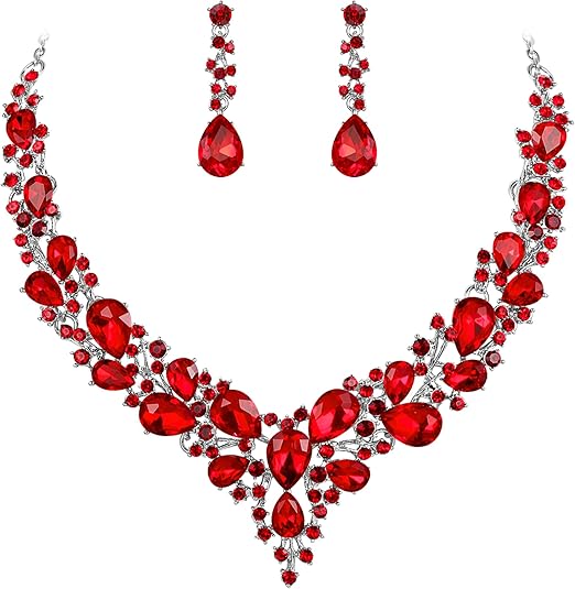 Divifa Ruby Crystal Jewelry Set in White Gold-Plated stainless steel