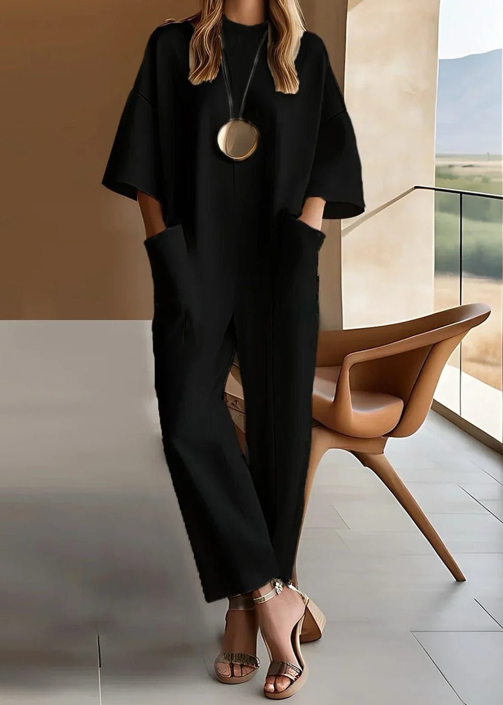 Divifa Aria Short Sleeve Wide Leg Jumpsuit Crew Neck