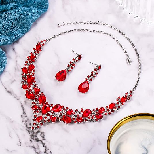 Divifa Ruby Crystal Jewelry Set in White Gold-Plated stainless steel