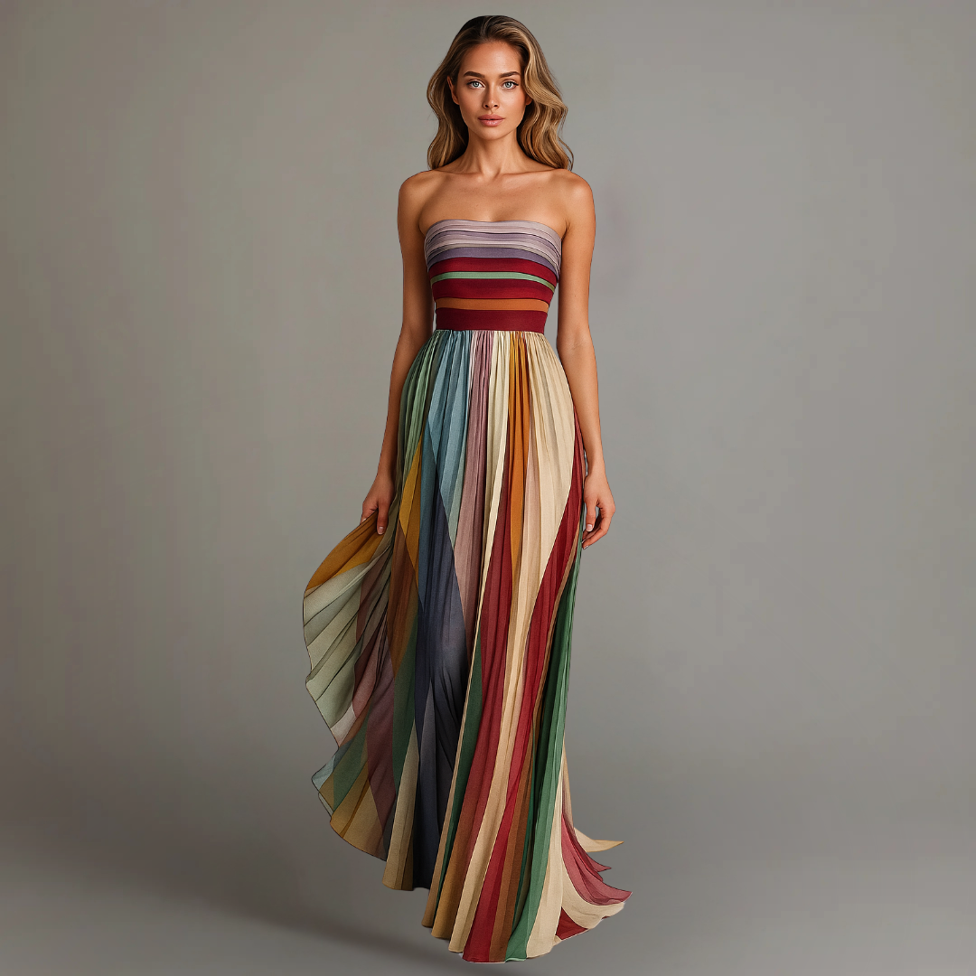 Divifa Judith Strapless Colorful Pleated Summer Maxi Dress
