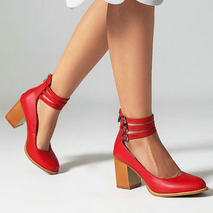 Divifa Casilda Smooth Sandals with Ankle Strap and Thick Heel