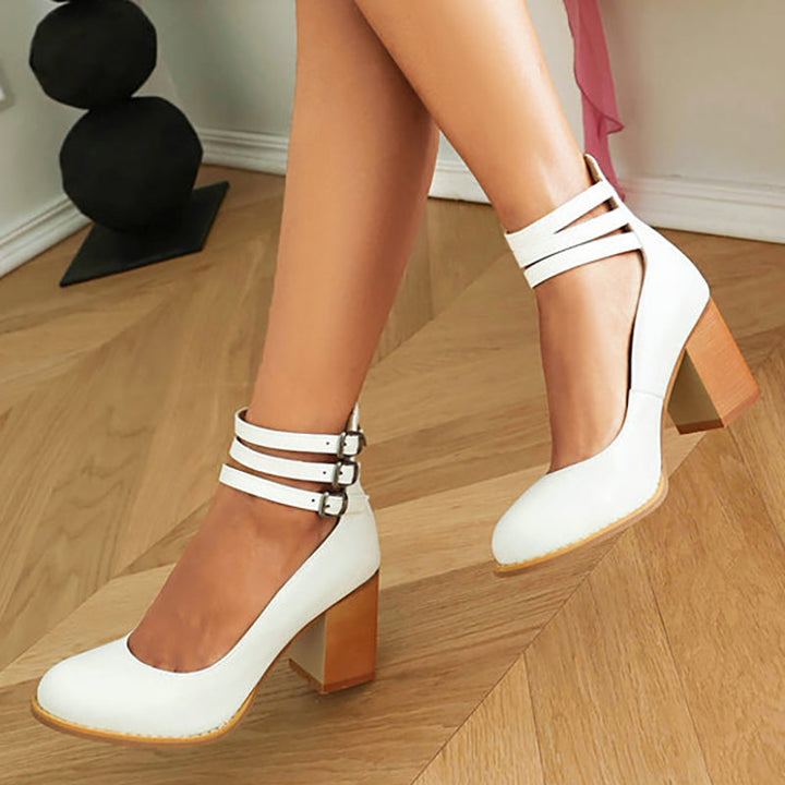 Divifa Casilda Smooth Sandals with Ankle Strap and Thick Heel