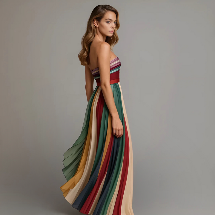 Divifa Judith Strapless Colorful Pleated Summer Maxi Dress