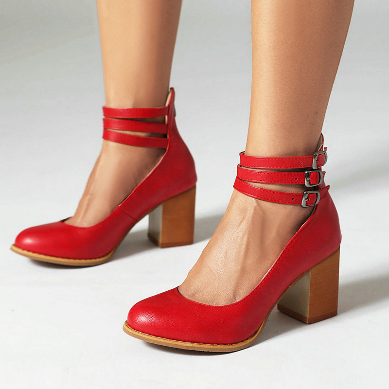 Divifa Casilda Smooth Sandals with Ankle Strap and Thick Heel