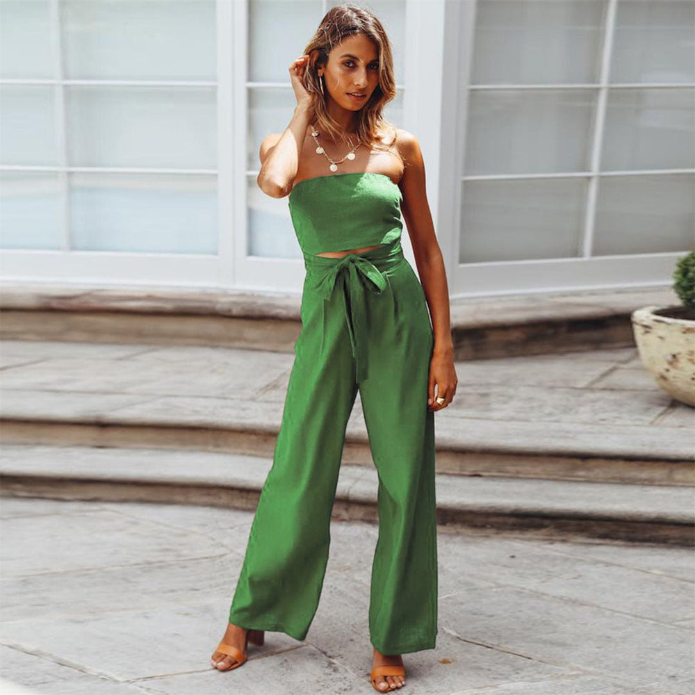 Divifa Sandy Strapless Tie Waist Wide Leg Jumpsuit