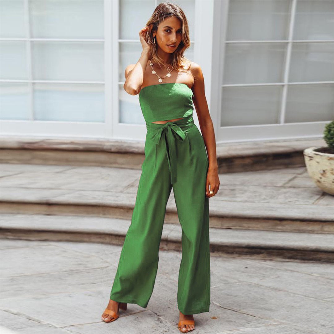 Divifa Sandy Strapless Tie Waist Wide Leg Jumpsuit