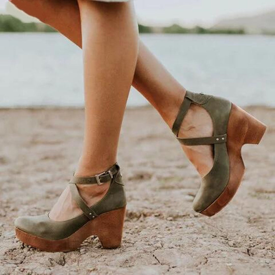 Divifa Teresa Elegant Wedge Heels with Closed Toe & Ankle Strap