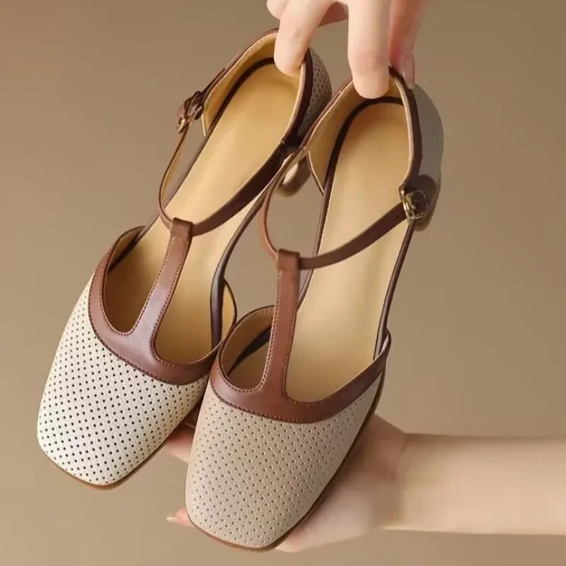 Divifa Piper T-Strap Block Heel Shoes Square Toe Mid Pumps