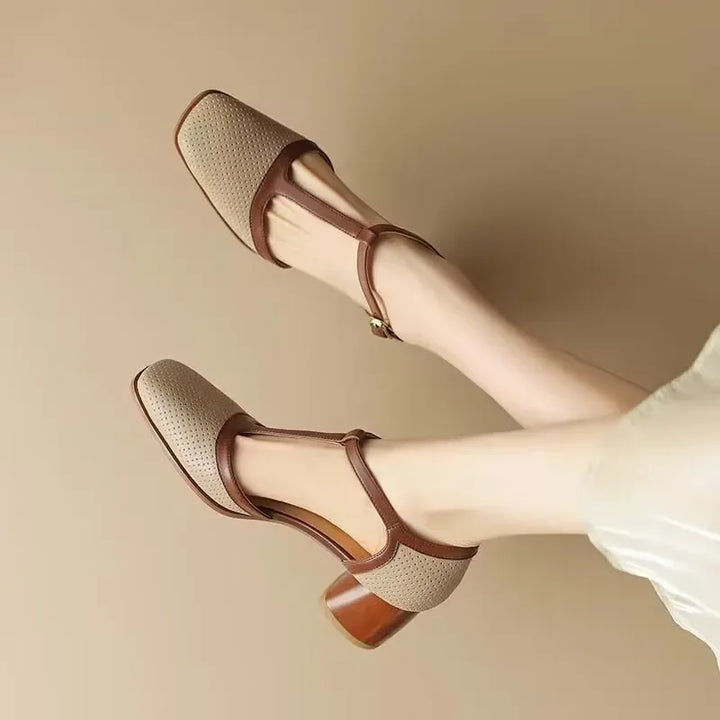 Divifa Piper T-Strap Block Heel Shoes Square Toe Mid Pumps