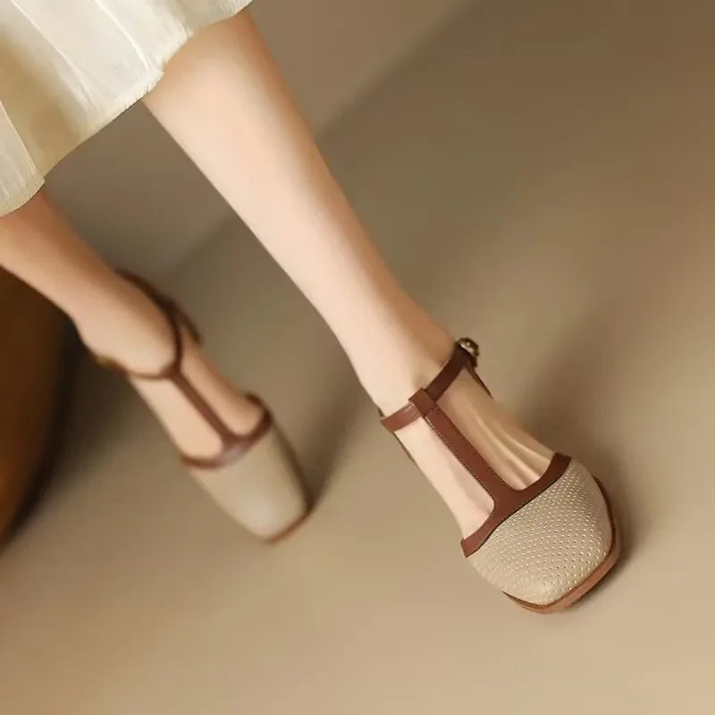 Divifa Piper T-Strap Block Heel Shoes Square Toe Mid Pumps