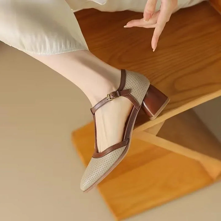 Divifa Piper T-Strap Block Heel Shoes Square Toe Mid Pumps
