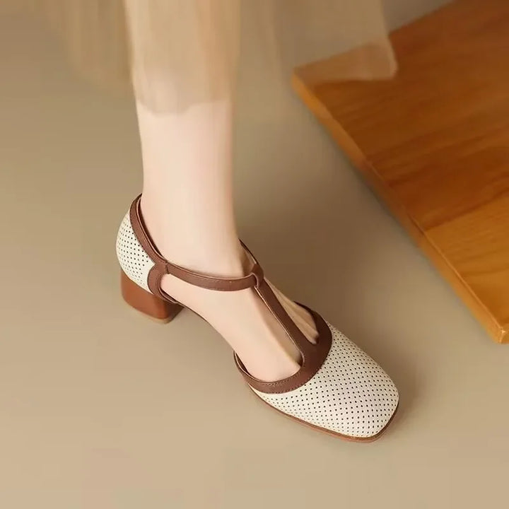Divifa Piper T-Strap Block Heel Shoes Square Toe Mid Pumps