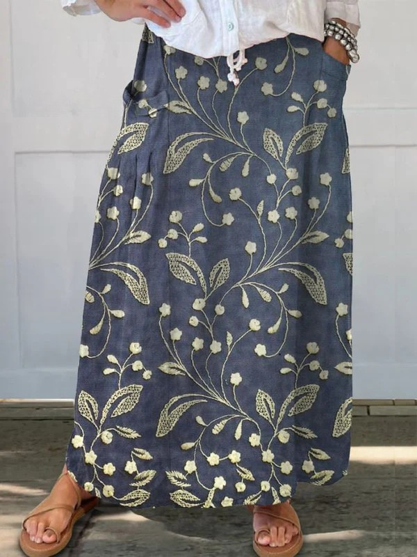 Divifa Josa Retro Floral Art Elastic waistband Pocket Skirt