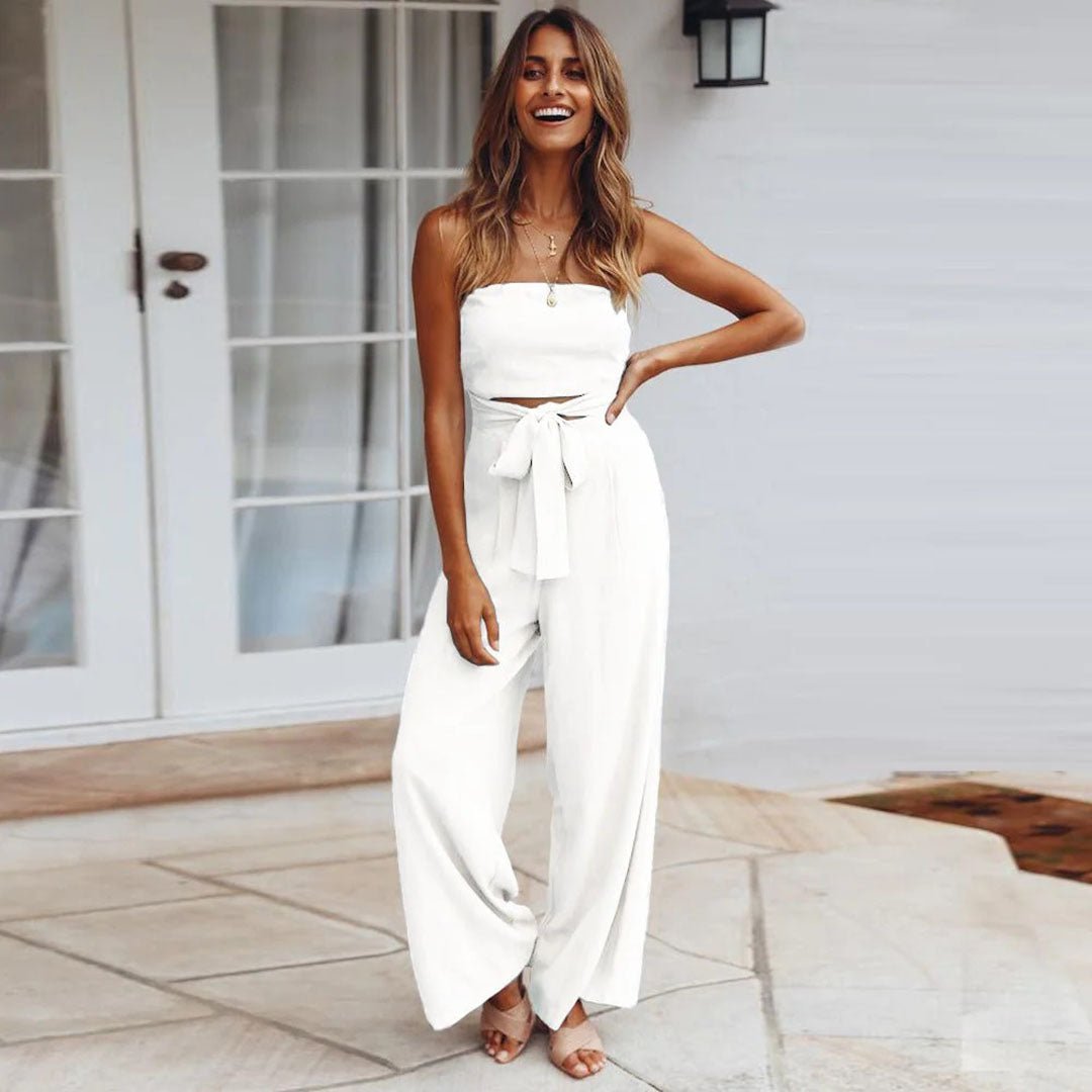 Divifa Sandy Strapless Tie Waist Wide Leg Jumpsuit