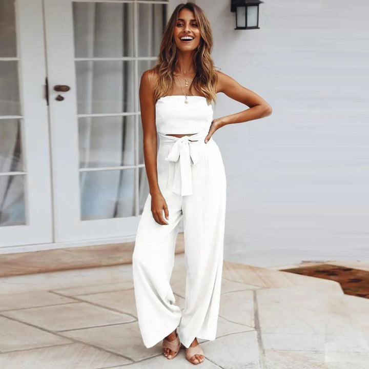Divifa Sandy Strapless Tie Waist Wide Leg Jumpsuit