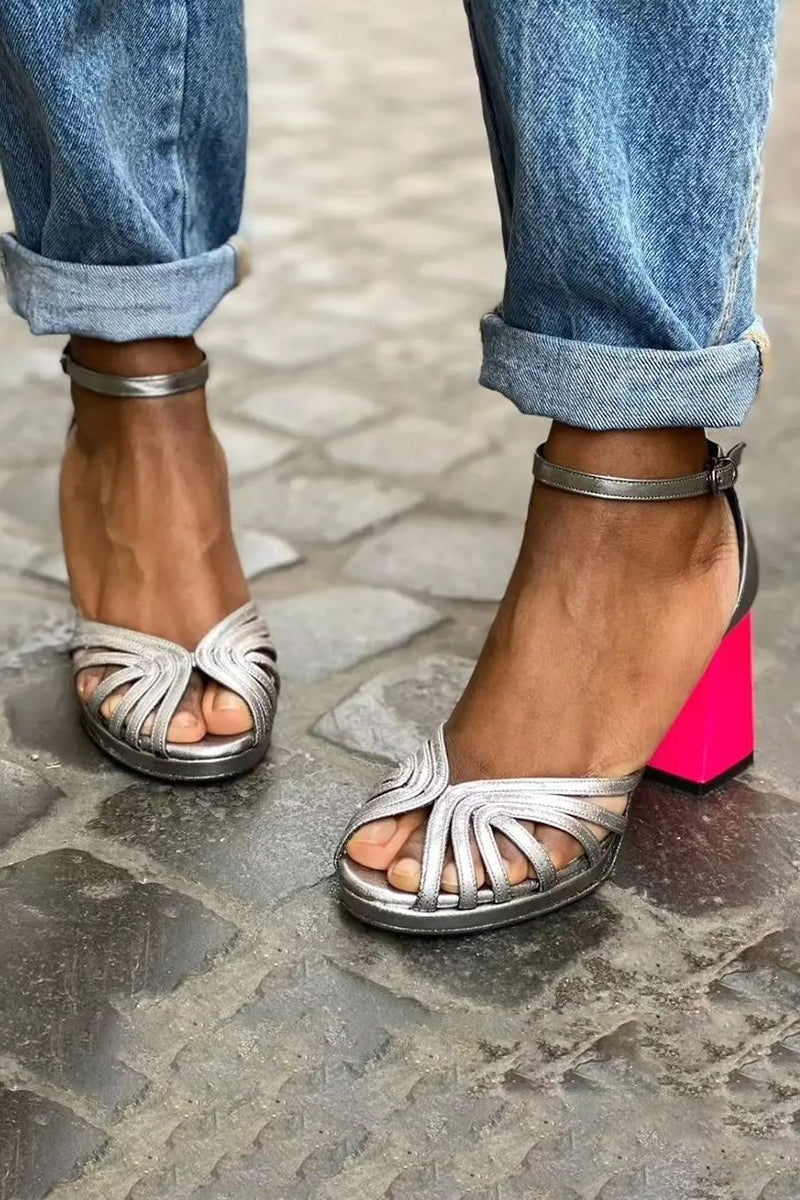 Divifa Seraphina Colorful Shiny Sandals with Buckle and Thick Heel