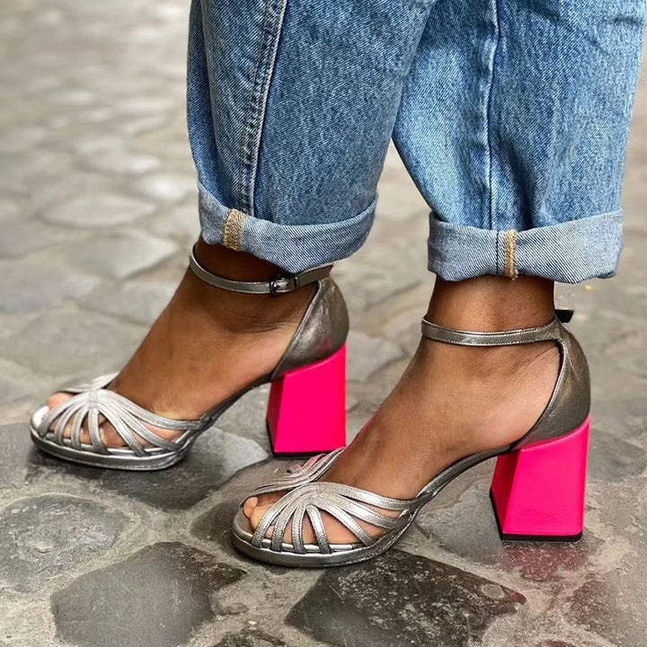Divifa Seraphina Colorful Shiny Sandals with Buckle and Thick Heel