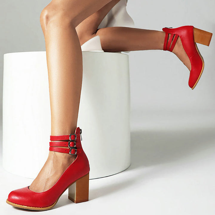 Divifa Casilda Smooth Sandals with Ankle Strap and Thick Heel