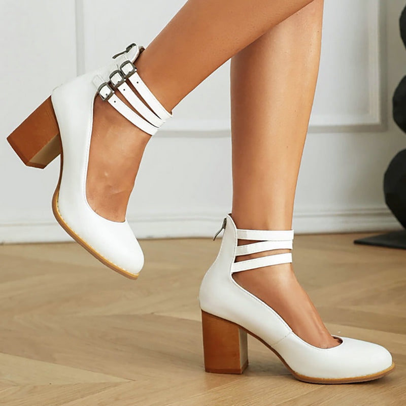 Divifa Casilda Smooth Sandals with Ankle Strap and Thick Heel