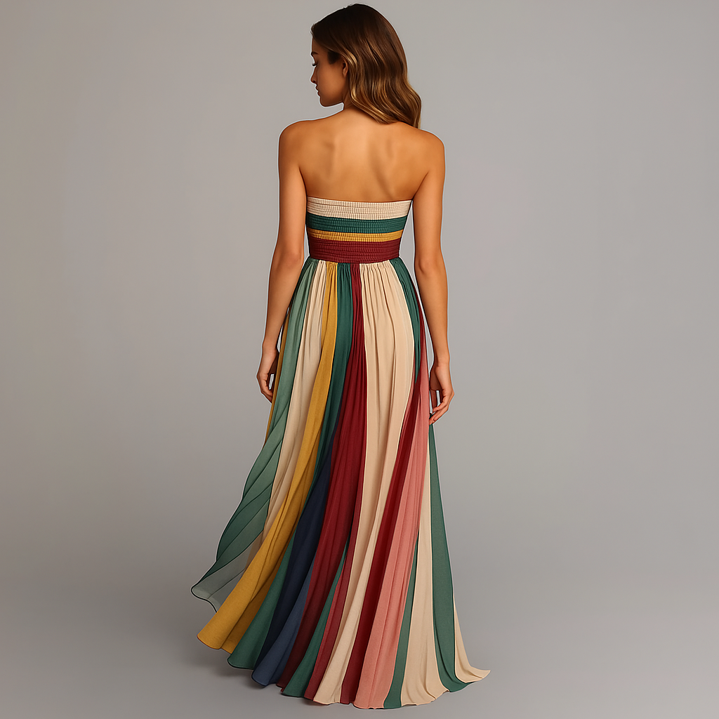 Divifa Judith Strapless Colorful Pleated Summer Maxi Dress