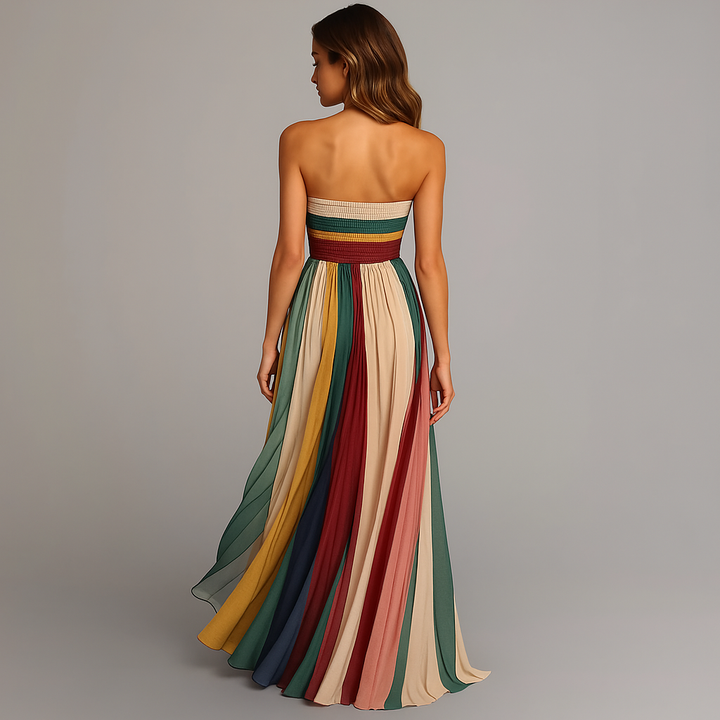 Divifa Judith Strapless Colorful Pleated Summer Maxi Dress